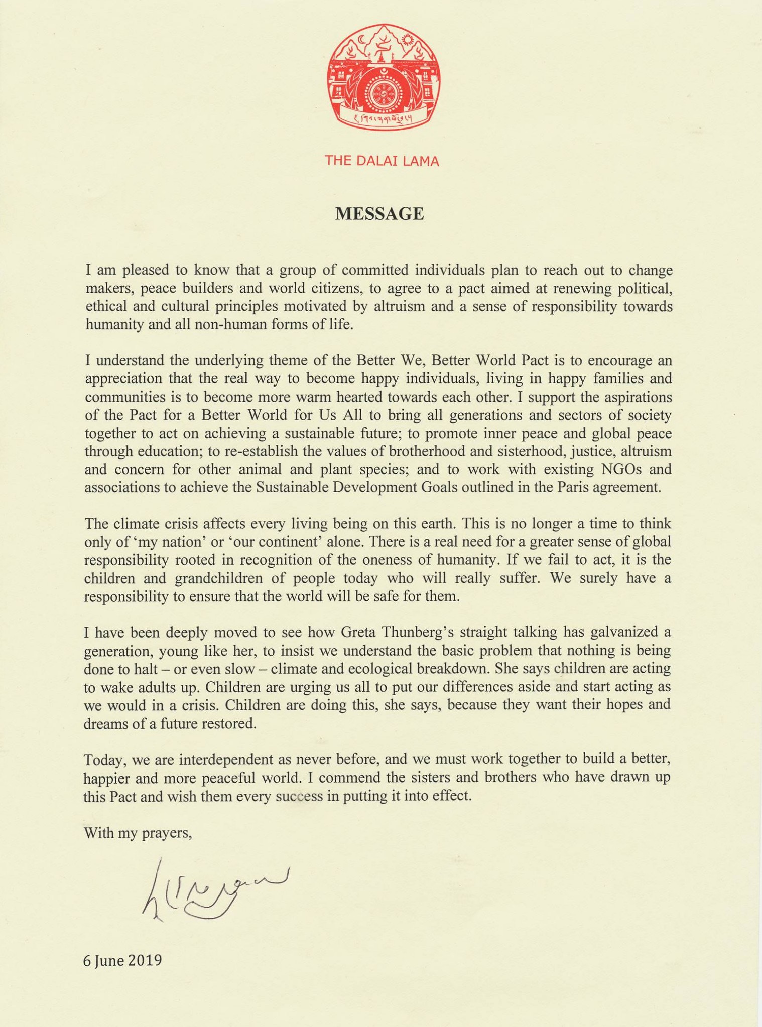 Lettre officielle du Dalaï-lama au BWBW, 6 juin 2019